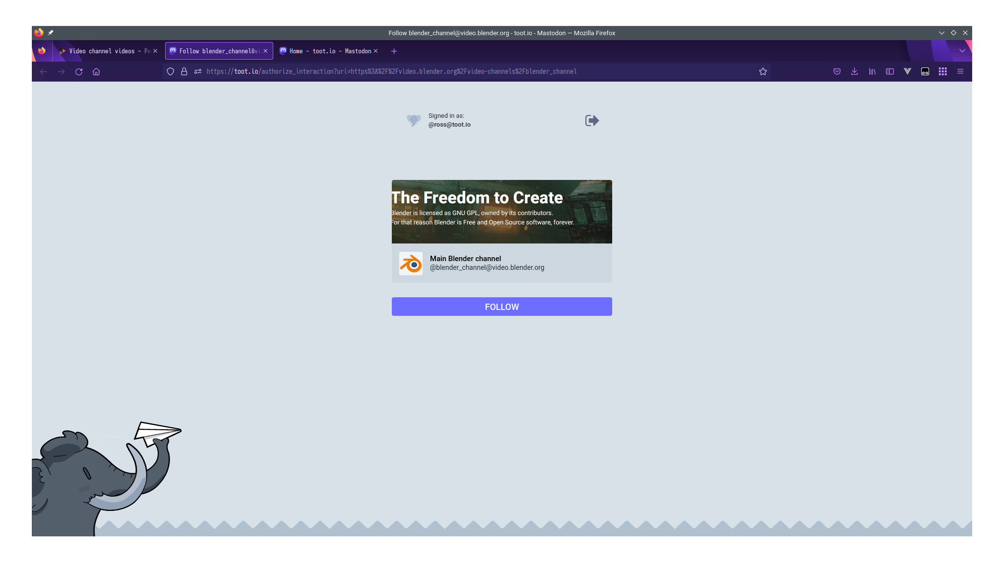 A screenshot of Mastodon, showing a page prompting the user to follow the "Main Blender channel."