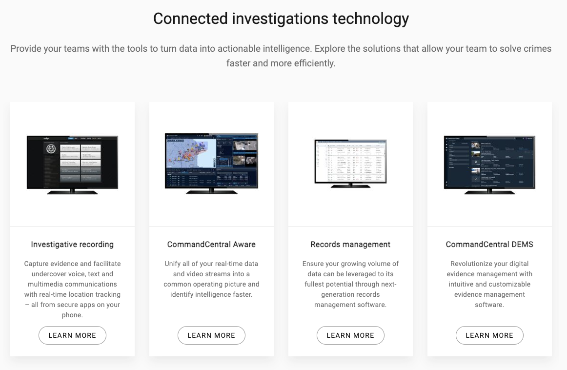 A screenshot from Motorola Solutions webpage on law enforcement technology. 