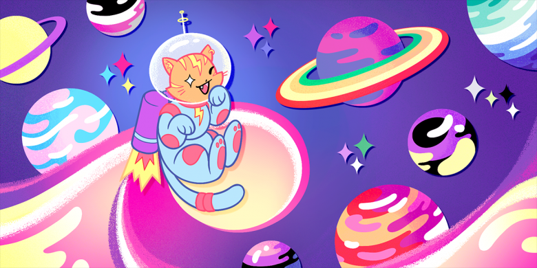 An orange tabby cat with yellow lightning markings in a blue spacesuit, wearing a jetpack, flying through pink and purple space. There are planets in the sky with colors representing a variety of pride flags.