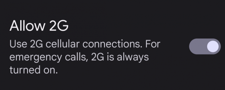 An Image of the 2G toggle turned on, enabling 2G