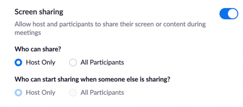 The screensharing setting set to host only