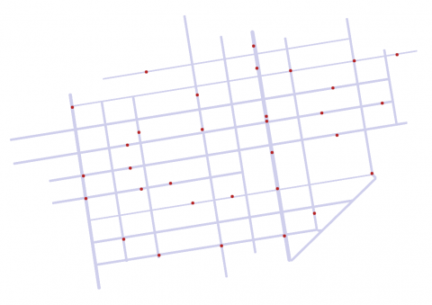 A plain street map with several red dots indicating different Bluetooth pings.