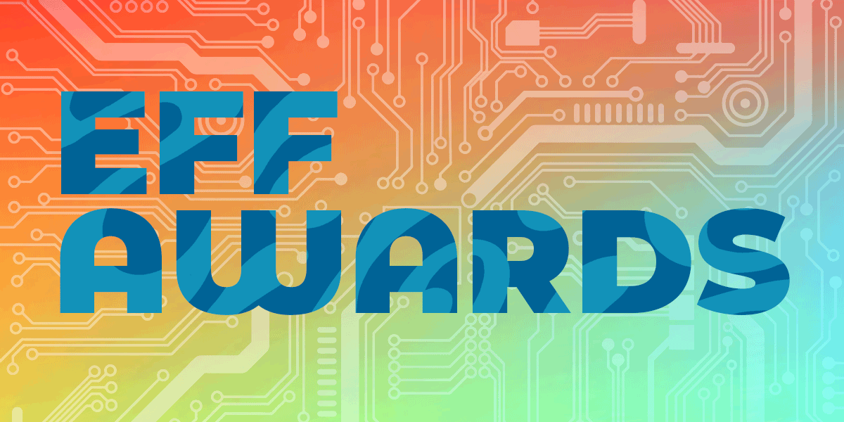 The words EFF AWARDS in dark teal on an orange and light green gradient circuit board background