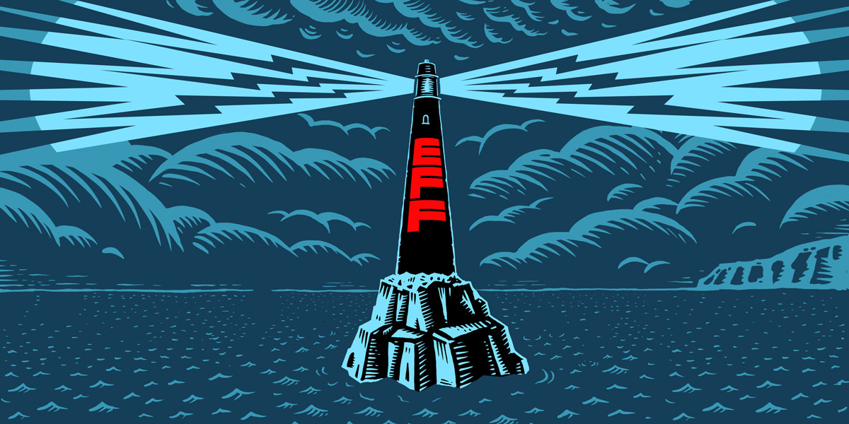 A lighthouse with EFF logo in a storm