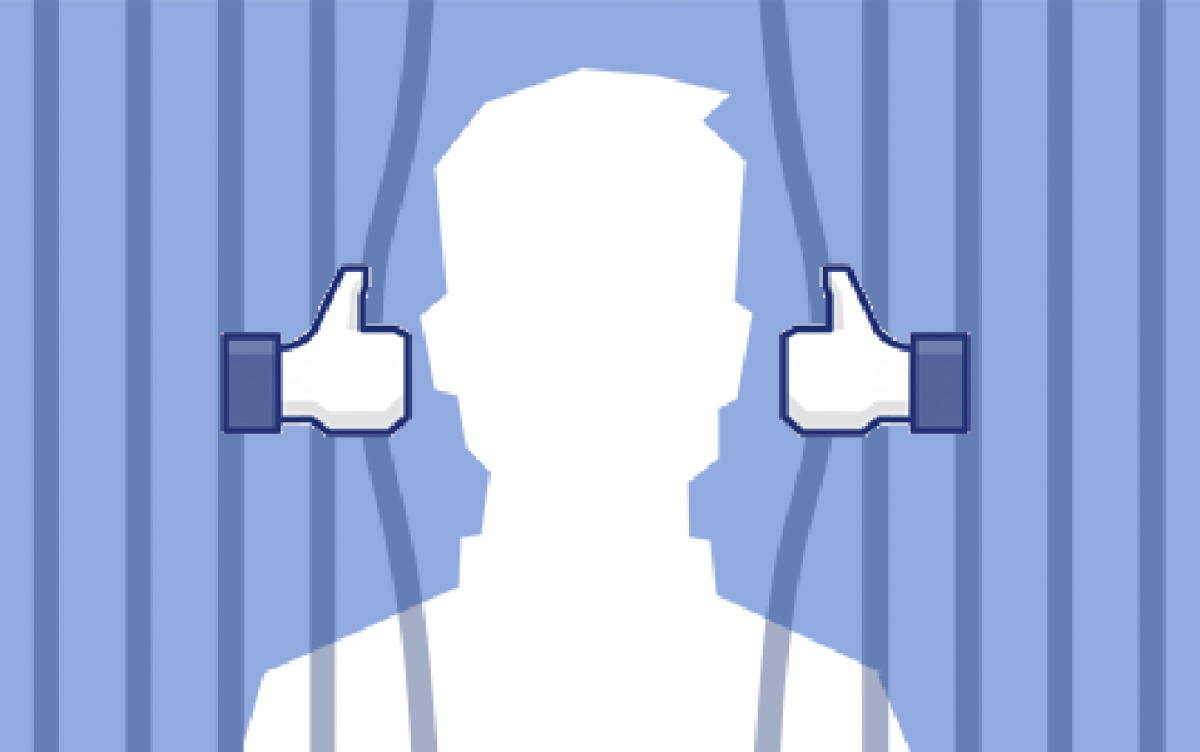 A silhouetted head behind prison bars; the bars are being pried apart by Facebook "Thumbs Up" icons.