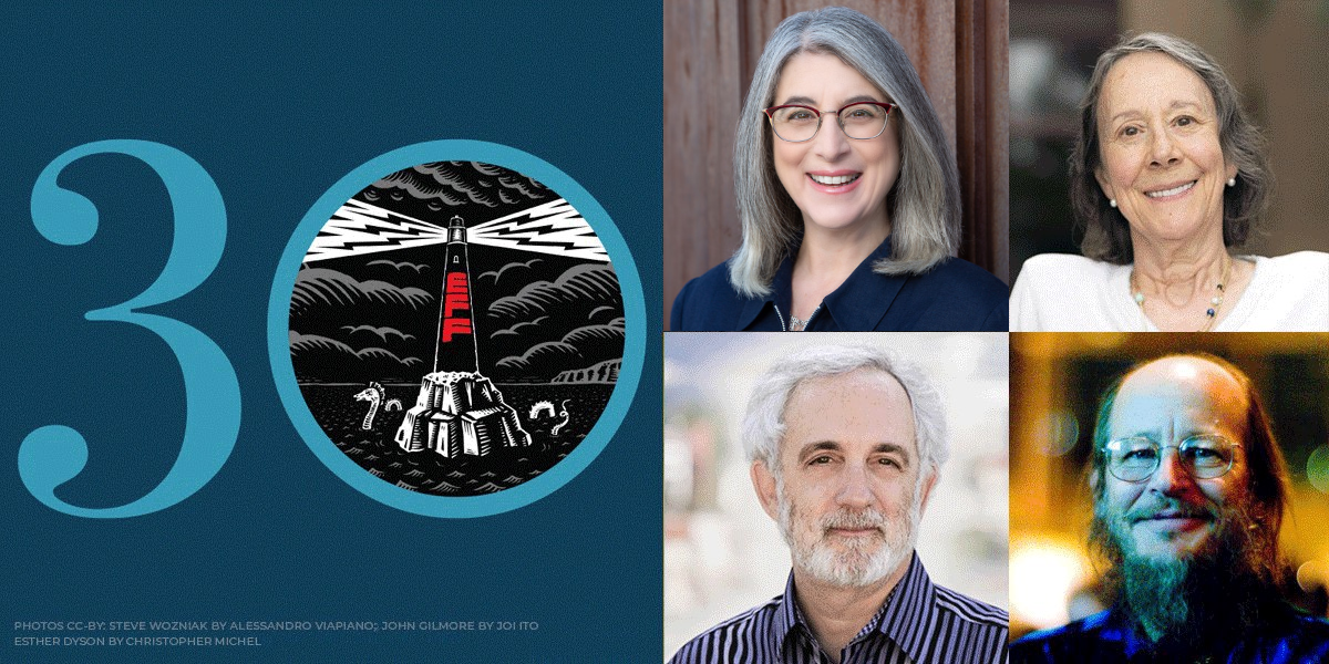 Cindy Cohn, Esther Dyson, Mitch Kapor, and John Gilmore next to EFF30 Logo