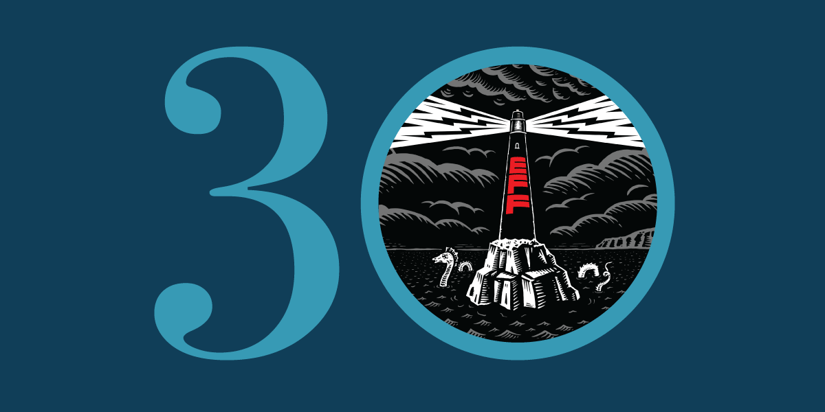 "30" with an EFF lighthouse in the zero