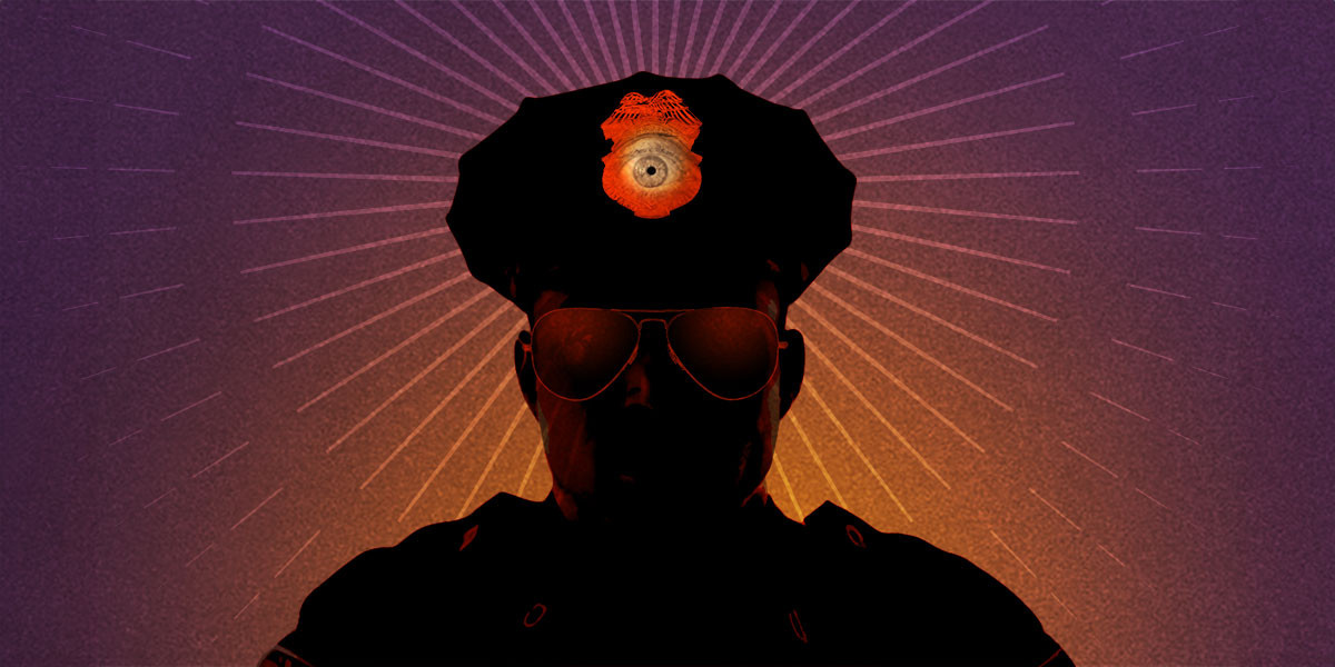 A silhouette of a police officer, with spying eye on his hat