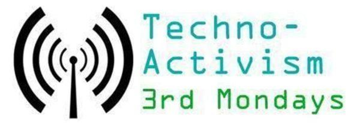 an image of a black antenna with transmission waves. bold letters that read "Techno Activism 3rd"