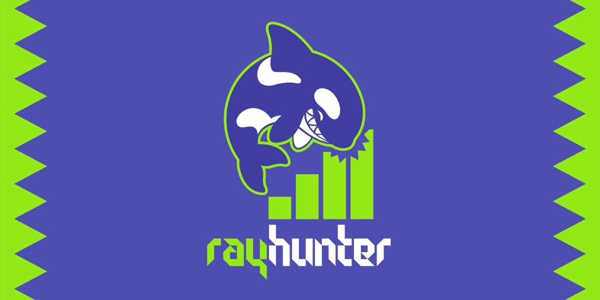 Rayhunter logo depicting a purple orca with a sharp toothy smile, jumping over a green signal bar wi