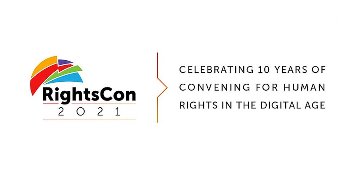 RightsCon 2021 logo and text: "celebrating 10 years of convening for human rights in the digital age"