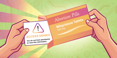 illustration of hands opening box of abortion pills, pulling out insert that says "Access Denied"