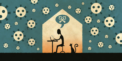 A person using a laptop inside a house; outside are viruses