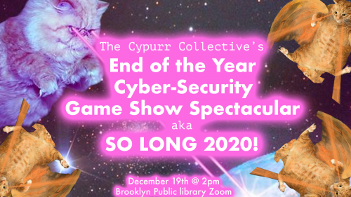 Flying cats in space shooting lasers out of their eyes, with pink text with the event title and date