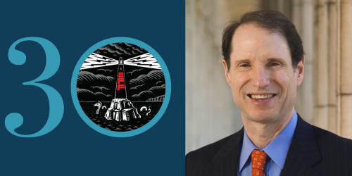 "30" with an EFF lighthouse in the zero next to Sen. Ron Wyden