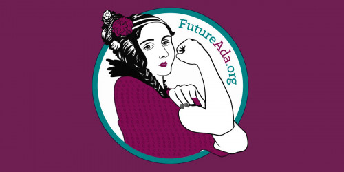 Artist depiction of Ada Lovelace framed by a circle with the text reading 'futureada.org'.