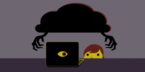 A student looks at a computer with an eye looking back at the student, under a dark cloud with arms.