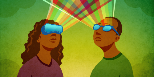 Two people wearing a VR and AR headsets, each emitting a rainbow beam crossing