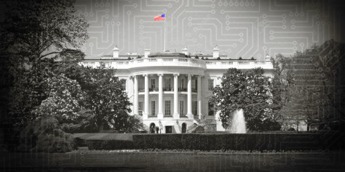 A black and white image of the White House.