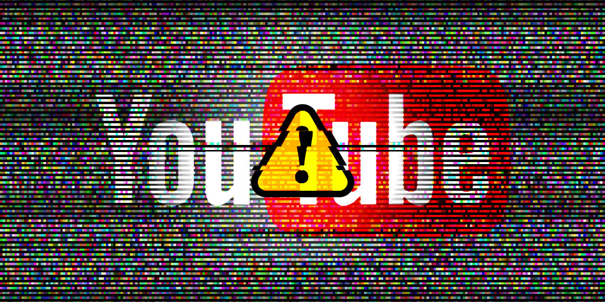 Distorted YouTube logo with a caution symbol superimposed