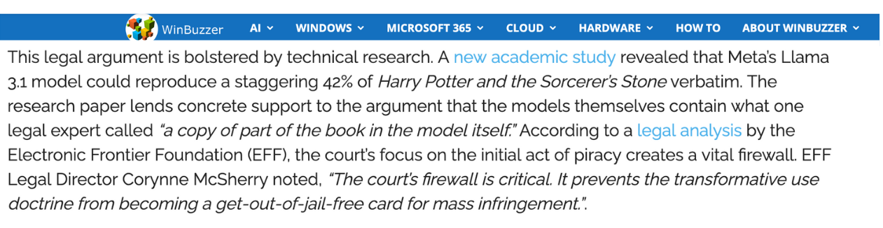June 26 WinBuzzer clipping with fake quote from EFF's Corynne McSherry